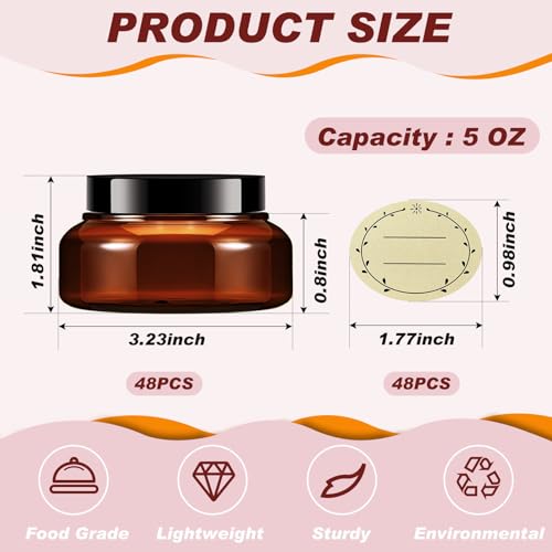 Tessco 48 Pcs Plastic Jars with Lids and Labels Body Scrub Jars Round Refillable Cosmetic Containers Empty Butter Travel Containers for Sugar Scrub Lotions Cosmetics Cream(5 oz,Brown)