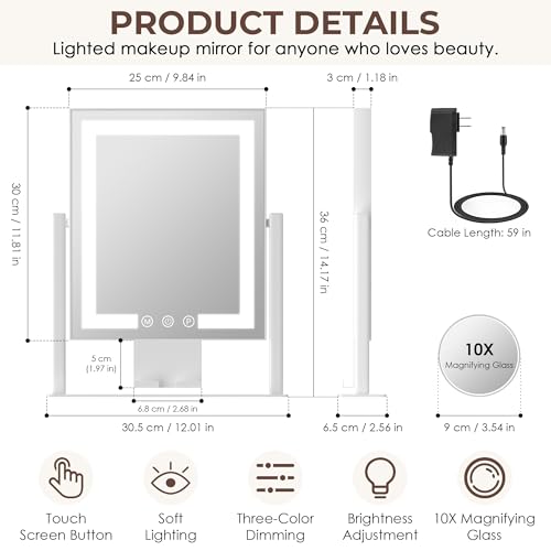 Kottova Lighted Makeup Mirror, Hollywood Vanity Mirror with Lights, Three Color Modes, Smart Touch Control, with Detachable 10X Spot Mirror, Metal Frame, 360¡Æ Rotation£¨14.1in,White£©