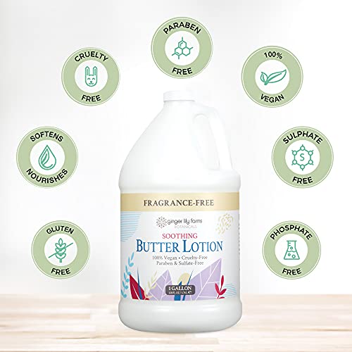 Ginger Lily Farms Botanicals Soothing Butter Lotion for Dry, Sensitive Skin, 100% Vegan & Cruelty-Free, Fragrance Free, 1 Gallon Refill (Pack of 4)