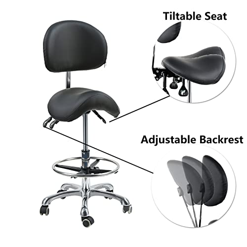 Saddle Stool Chair with Backrest Swivel Hydraulic Ergonomic Tilt Seat Chair with Wheels Footrest for Medical Hospital Clinic Dental Hygienist Esthetician Beauty Salon Hair Stylist Black