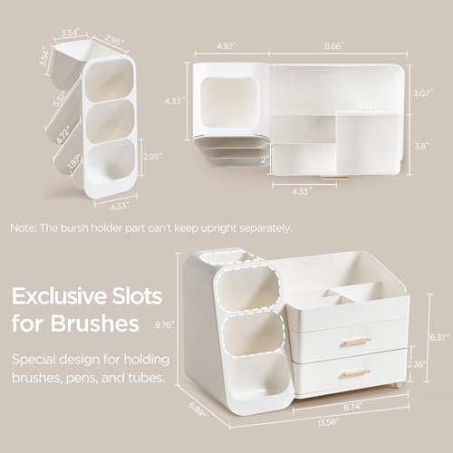 HBlife Makeup Organizer with Brush Holder for Vanity, Large Plastic Bathroom Countertop Organizer Skin Care Storage, Easy to Store Lipsticks, Nail Polishes, Perfumes, Eyeshadow Palettes, All White