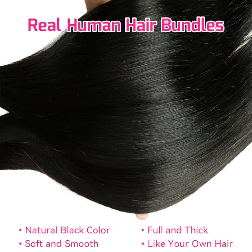 Real Straight Human Hair Bundles 10A Human Hair Bundle Brazilian Virgin Hair Unprocessed Hair Bundle Natural Black Hair Extension for Women (1Black Straight, 20 22 24 Inch)