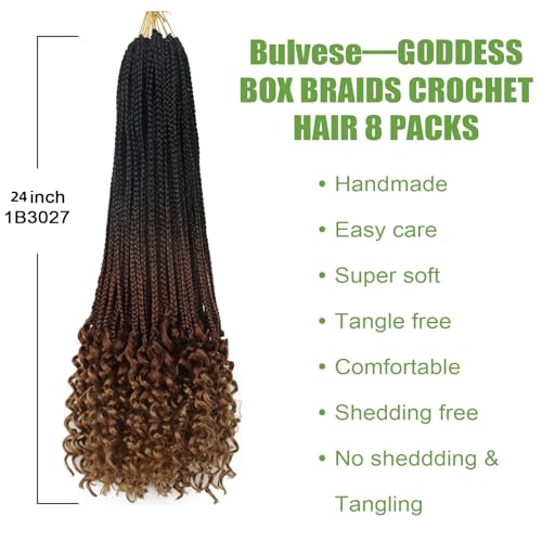 Goddess Box Braids Crochet Hair with Curly Ends 24inch Long Crochet Braids for Black Women Pre Looped 8 Packs Bohemian Style Goddess Box Braid Hair Extensions (1B/30/27)