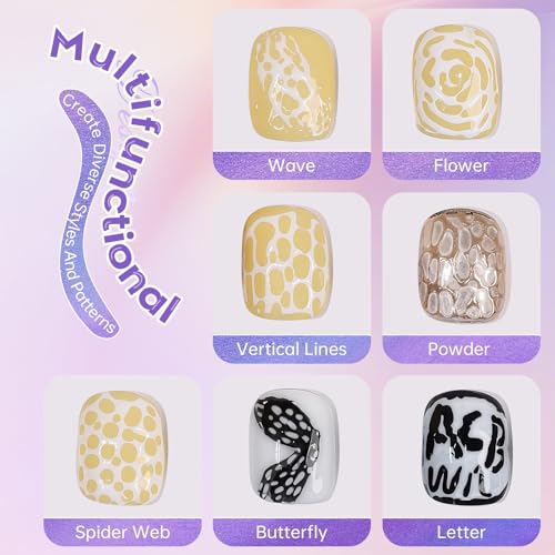 Poke Gel Nail Polish Set with Professional Base Coat- Nail Art Painting Gel for Flowers, Letters & Wave Designs-Lace Drawing Gel with Wooden Nail Stick and Buffer