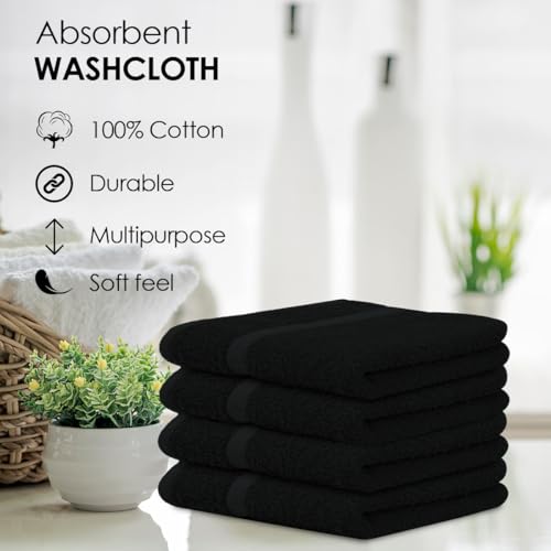 Avalon Towels Cotton Washcloths ? (Pack of 60) Size 12x12 Inches, 100% Ring Spun Cotton, Soft & Absorbent Face Towels, Gym Towels, Hotel and Spa Quality, Reusable Fingertip Towels (Black)