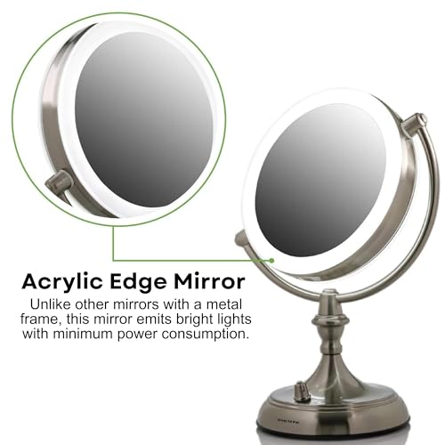 OVENTE 9" Lighted Tabletop Makeup Mirror with 1X/5X Magnification, Double-Sided Magnifying Vanity Mirror with Dimmable LED Lights, 360¡Æ Swivel Design and Dual Power Supply, Nickel Brushed MGT95BR1X5X