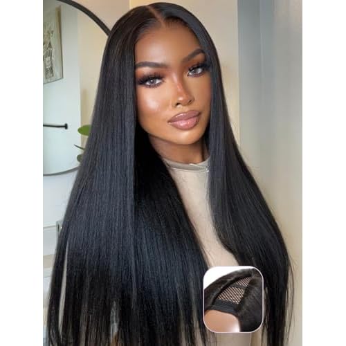 YIROO V Part Wig Yaki Straight Human Hair Wigs for Black Women Upgrade Upart Wig No Leave Out 12A Glueless Kinky Straight V Shape Clip in Half Wig No Glue No Sew Beginner Friendly 180% Density 22 Inch