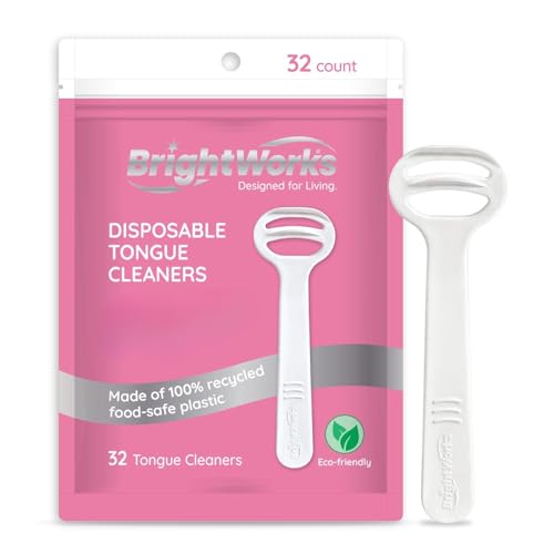 Brightworks Disposable Tongue Scraper for Adults ? 96 Count Hygienic Tongue Cleaner for Fresh Breath ? Recycled Plastic, Curved Design Tongue Cleaner ? Travel-Friendly