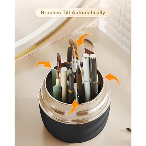 Makeup Brush Holder 360 Rotating, [Upgrade & with Cover] Makeup Brush Organizer for Vanity Countertop Bathroom (Black)
