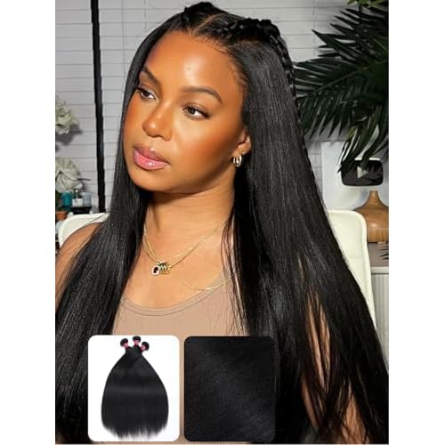 KLAIYI Yaki Straight Bundles Human Hair Weaves Unprocessed Real Virgin Hair Sew In Extensions 3 Bundles 16 18 20Inch, 12A Kinky Straight Double Wefts for Women Cllip In Light Yaki Natural Black Color