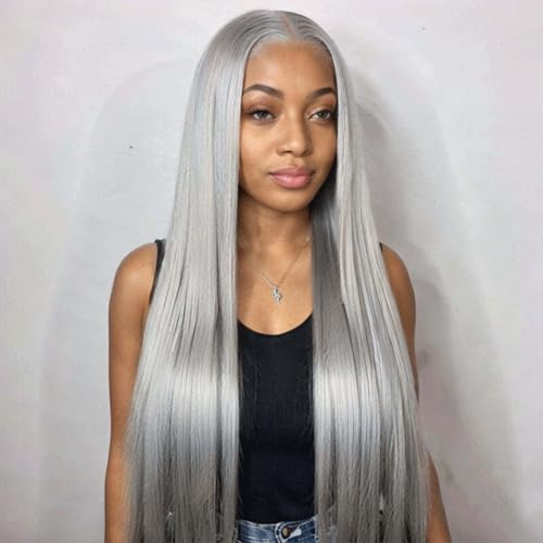 Grey Lace Front Wigs Human Hair Silver 13x4 Straight HD Transparent Lace Frontal Human Hair Wig for Woman Glueless Brazilian Virgin Human Hair Wig Pre Plucked Bleached Knot 28 Inch 180% Density