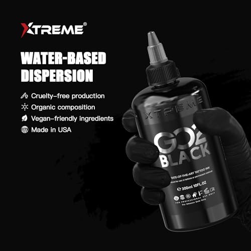 Xtreme GO2 Black Tattoo Ink for Bold Fillings, Long Lasting Vivid Color, Highly Concentrated, Smooth Application, Vegan Tattoo Ink (10 oz)