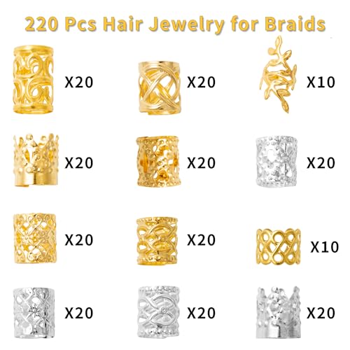 220 Pcs Gold Hair Jewelry for Braids, 12 Styles Gold and Silver Hair Accessories Cuff for Braids and Dreadlocks, Adjustable Metal Rings Cuffs Clips for Dreadlock Accessory Jewelry Decorations