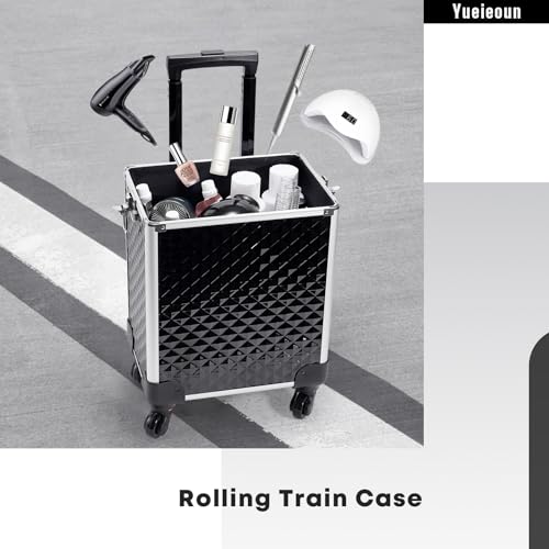 Rolling Makeup Train Case, 4-in-1 Cosmetology Case on Wheels, Nail Tech Cart for Travel, Professional Cosmetic Vanity Case, Suitcase for MUA/Manicure/Tattoo/Style, Lockable Storage Box, Black