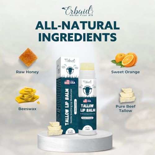Beef Tallow Lip Balm ? Natural Tallow Beeswax Chapstick ? Hydrating Moisturizer Grass Fed Tallow Balm Lip Care ? Soothes Chapped, Dry Lips, Sensitive Skin ? Long Lasting Vitamin Rich USA-Made Orange