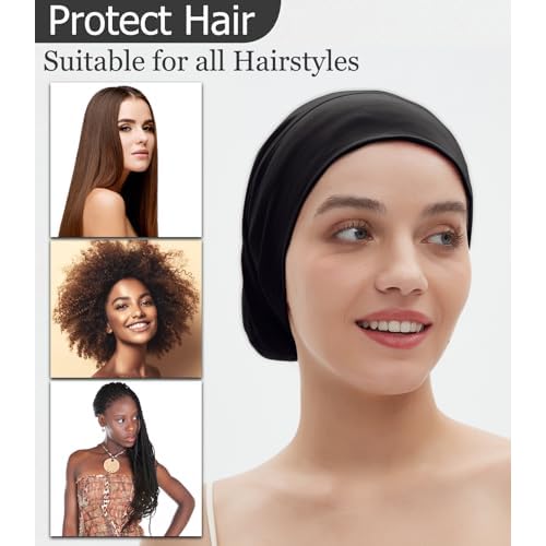 Satin Bonnet for Sleeping Night Cap, Satin Lined Silk Bonnet Large Sleep Cap for Curly Braids Hair Beanie Black Women