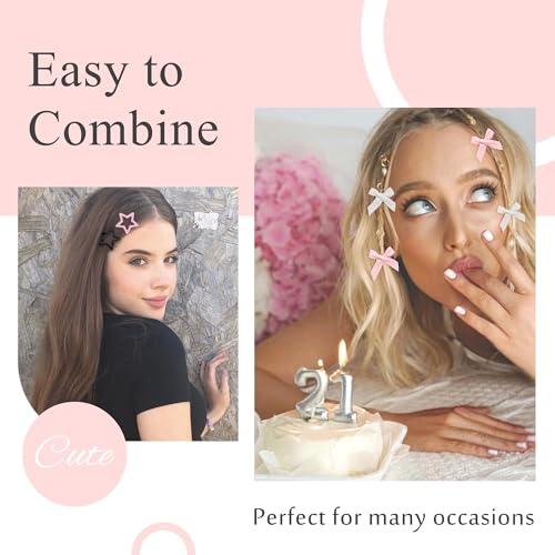 24PCS Bow Hair Clips - 3 Colors Satin Mini Hair Bow Clips Y2K Star Barrettes Bowknot Metal Snap Hair Accessories for Women Girls, Black