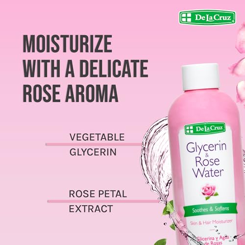 De La Cruz Rose Water and Glycerin for Face - Rosewater Facial Toner and Moisturizer for Skin and Hair 8 fl oz (236 mL) - 2 Bottles