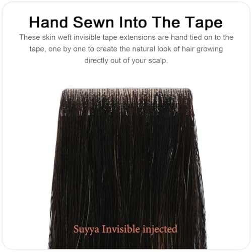 SUYYA Invisible Tape in Hair Extensions Human Hair Seamless Injected Hand-Tied Pro Virgin Human Hair Tape Ins Balayage Natural Black to Chestnut Brown 20PCS 50G/Pack Straight(20 inch #P1B/6/T1B)