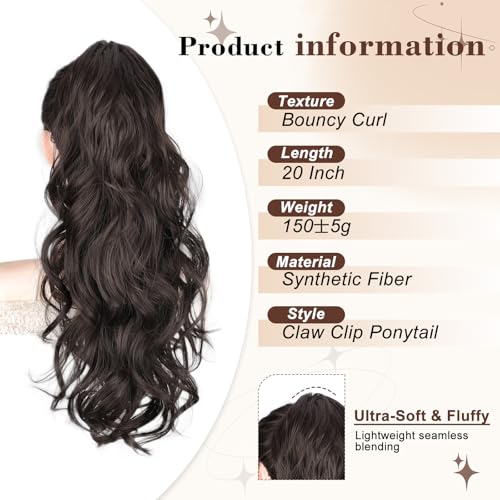 AISI BEAUTY Dark Brown Ponytail Extension, 20 inch Long Wavy Curly Claw Clip Ponytail Hair Extensions, Natural Synthetic Hairpiece for Women Daily Wear