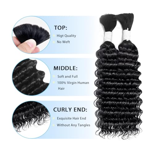 Human Braiding Hair for Boho Braids 100g 26 Inch Deep Wave Bulk Human Hair 100% Unprocessed 12A Brazilian Virgin Boho Hair for Braiding Knotless 2 Bundles/Pack Natural Color