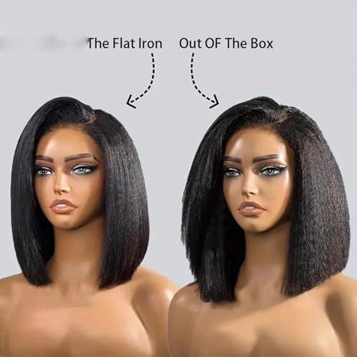 Natural Color 4C Kinky Edges Curly Baby Hair Hairline Yaki Straight Bob 13X4 HD Lace Front Pixie Cut Wig Glueless Human Hair Pre Plucked with Bleached Knots 180 Density for Black Woman 12 Inch