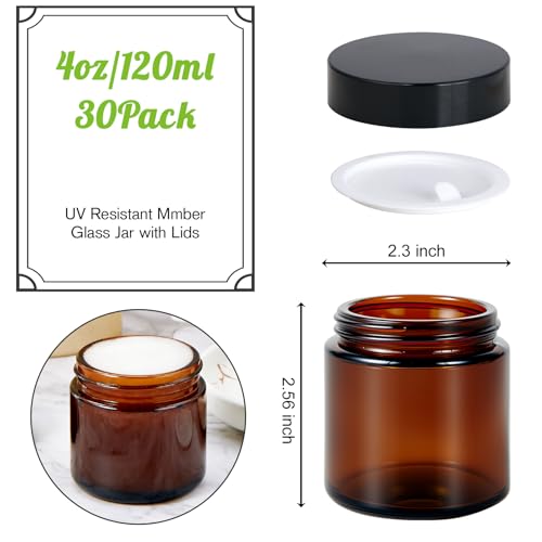 4oz Glass Jars with Lids, Hoa Kinh 30 Pack Amber Empty Cosmetic Containers Round Airtight Glass Jar with Black Lids for Storing Lotions, Powders, and Ointments