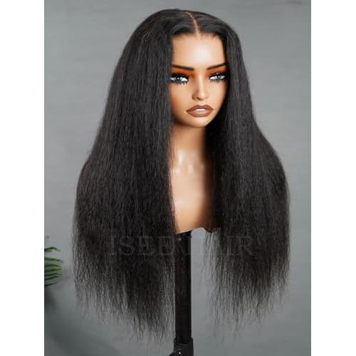 ISEE Glueless Wigs Human Hair Kinky Straight Pre Plucked Pre Cut, 9X6 M Cap HD Lace Closure 180% Density, No Glue, Reay to Wear Wig for Beginner, Natural Color (Kinky Straight, 18 Inch)