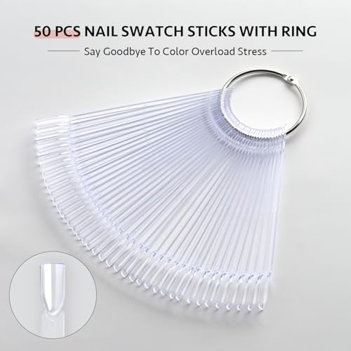 GAOY Nail Swatch Sticks with Ring, 50 Pcs False Nail Sample Swatches with Numbers Stickers, Fan-shaped Practice Color Display for Home or Salon Use
