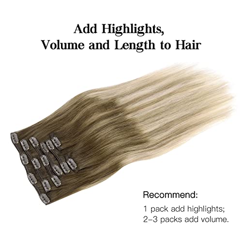 HOTBANANA Human Hair Clip in Hair Extensions, Ombre Walnut Brown to Ash Brown and Bleach Blonde 120g Clip in Hair Extensions Real Human Hair Straight Remy Hair Clip Ins 20 Inch 7pcs