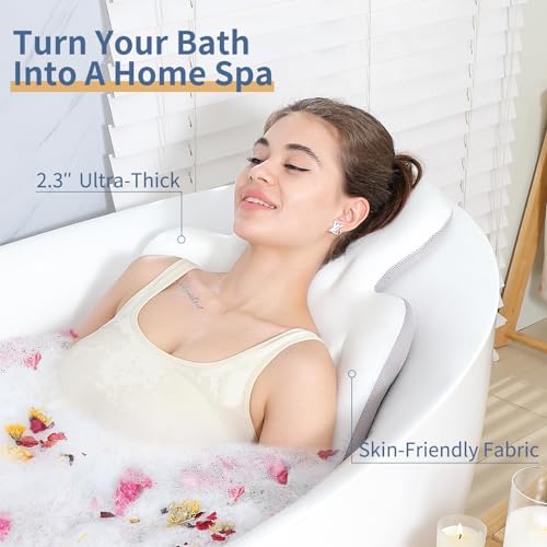 Luxury Bath Cushion, Full Body Bathtub Pillow with 160 Suction Cups, Bath Mat for Head and Neck Support, with Laundry Bag (White, 51.2" x 16.2")