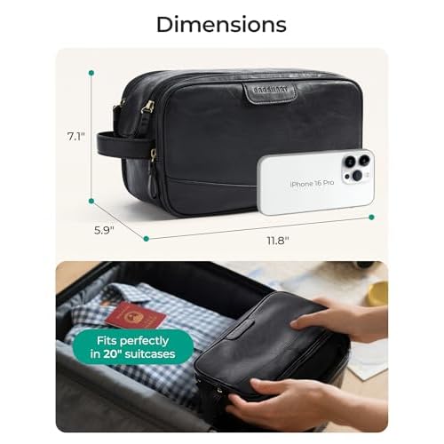 BAGSMART Toiletry Bag for Men, PU Leather Travel Bag for Toiletries, Dopp Kit Water Resistant Shaving Bag for Bathroom Shower-Black