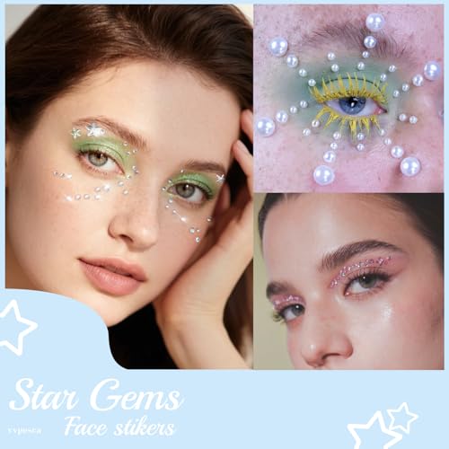 Star & Pearl Face Eye Gems, Self-Adhesive Hair Jewels, Sparkly Face Jewels for Makeup, Stick on Gems Pearl Rhinestones Stickers, Rave Accessories for Hair, Eye, Kids, Women
