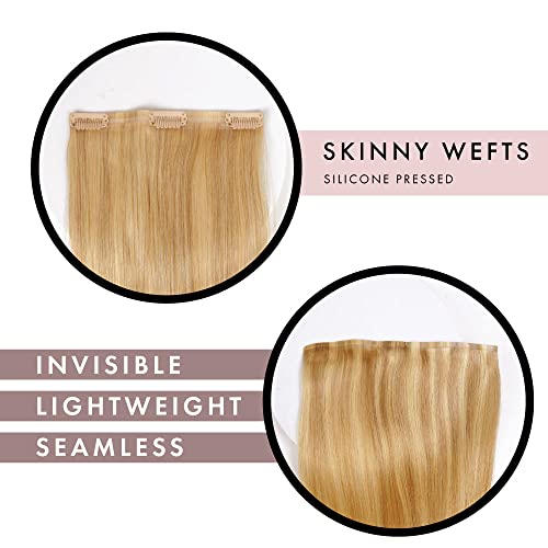 Skinny Weft Clip-In Hair Extensions by Everlong, Thin Silicone Pressed Wefts, Premium Remy Human Silky Straight Hair for Length & Volume, 175 grams #124 Honey Pecan 18"