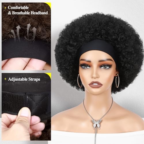 Quick Wig Afro Headband Wig Natural Black Short Afro Kinky Curly Wigs with Headbands Attached Glueless Synthetic Wear and Go for Black Women Fluffy Bouncy Afro Wigs for Daily Party