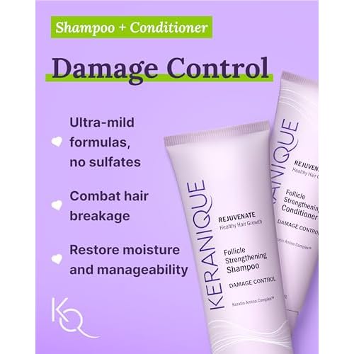 Keranique Damage Control Set for Thinning Hair - Shampoo and Conditioner for Damaged Hair, Follicle Booster Serum, Lift & Repair Spray - Keratin Enriched Repair Products for Women with Dry, Thin Hair
