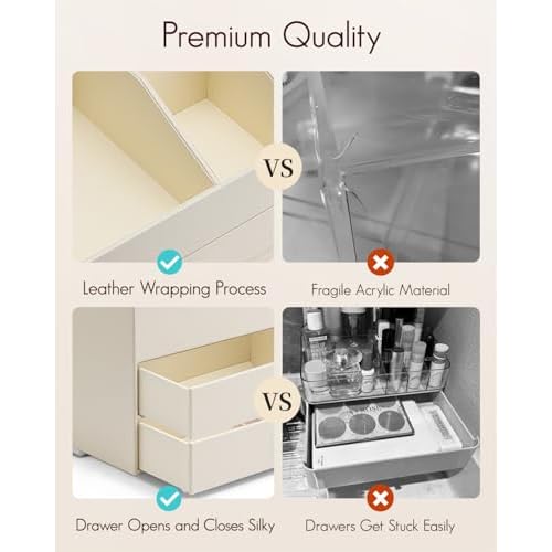 Vlando Makeup Organizer for Vanity,Large Capacity Countertop Organizer with Drawers, PU Leather Cosmetic Display Case for Lipstick,Brushes,Skincare,Bedroom Storage (Beige)