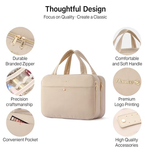 Hanke Hanging Travel Toiletry Bag for Women with Jewelry Organizer Compartment, Travel Essentials Toiletries and Makeup Bag, Water-Resistant & Stain-Resistant with Trolley Strap (Apricot)
