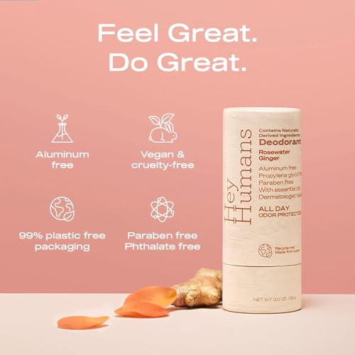 Hey Humans Aluminum Free Deodorant for Women and Men, Contains Naturally Derived Ingredients, Long Lasting Odor Control with Refreshing Essential Oils Pack of 4 Rosewater Ginger