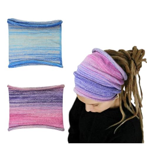 2PCS Handmade Wide Tube headwrap Headband for dreadlocks, braids or regular hair Knitted headband for Men and Women Hiking Gaiter Hair Wrap Headbands for Dreads (Purple Blue)