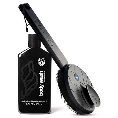Black Wolf Body Wash & Sonic Scrubber Pro Kit for Men - Vibrating Face & Body Brush with Charcoal Powder Shower Gel, Water Resistant Massage Brush & Salicylic Acid Body Wash, Rich Lather & Deep Clean