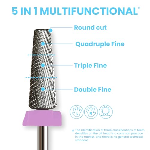 16mm 5 in 1 Tapered Barrel Nail Drill Bits, 3/32'' Safety Tungsten Carbide Bits for Professionals, Right & Left Rotation, Manicure Cuticle Gel Acrylic Removal Polishing, Technicians Bits, Double Fine.