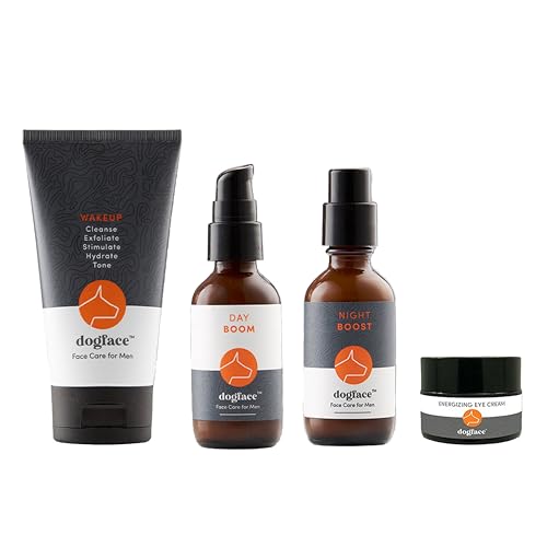 Dogface Men's - Wakeup Gel Daily Face Wash to Exfoliate, Hydrate & Tone Skin, Day Boom Moisturizer, Night Boost Night Cream Retinol Serum, Eye Cream (Complete Combo)