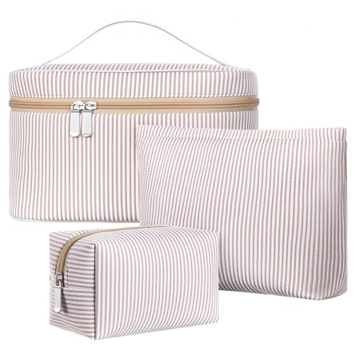 3 Pieces Seersucker Makeup Bag Set Cute Cosmetic Pouch for Women Travel Toiletry Bag Preppy Small Makeup Purse Pouch Aesthetic Skincare Brushes Storage Organizer for Women(Khaki)
