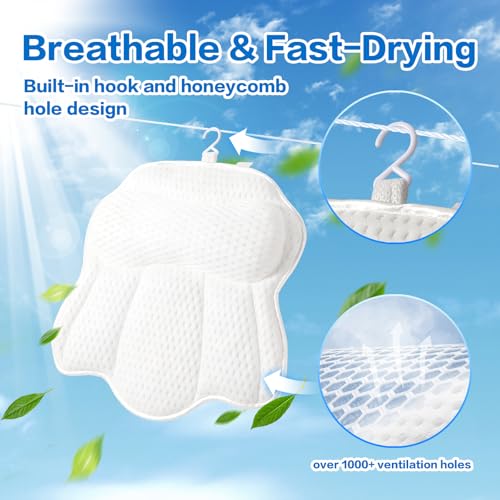 Non Slip Bath Pillows for Tub, 10 Enhanced Suction Cup Bath Pillow for Women Relaxing, Bath Tub Pillows for Head and Neck, Bath Pillow Luxury Bathtub Pillow, Spa Bathtub Pillow for Soaking Tub
