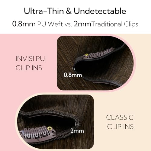 HOTBANANA Invisi Edge Clip in Hair Extensions, 16inch 130g Injected Seamless Clip in Extensions 7Pcs Dark Brown Real Human Hair PU Hair Extensions