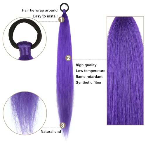 2 Pack Purple Ponytail Extension with Elastic Tie Straight Sleek Wrap Around Braid Ponytail 26 Inch (Purple#)
