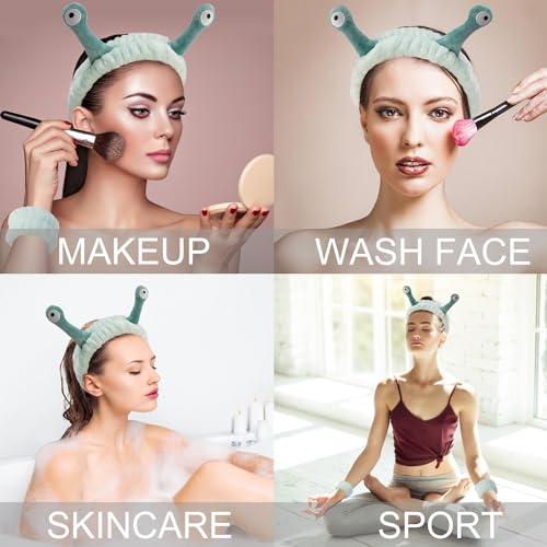 SuPoo 3pcs Snail Face Wash Headband and Wristband Set, Green, Puffy Microfiber Fleece Material, Cute Wrist Towels, for Spa, Sports, Yoga, Face-Washing, Makeup and Shower