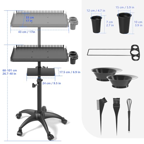 ZHOOGE Hairstylist Rolling Cart, Salon Trolley With Storage Platform and Hair Separator Stand, Coloring Tray With Dye Bowls and Tools, Black
