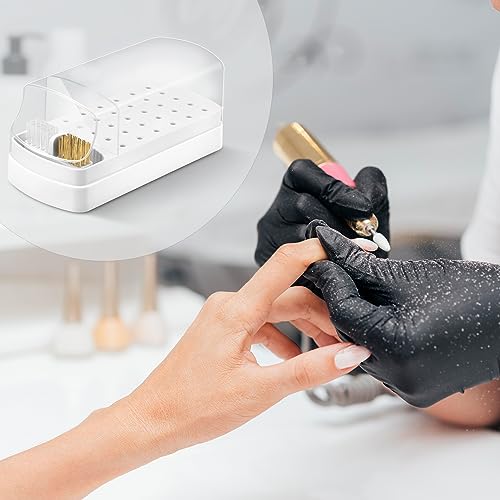 2 In 1 Nail Drill Bits Holder & Nail Drill Bits Cleaner Case,30 Holes Dustproof Nail Art Drill Bits Stand for Nails Display Organizer Container Manicure Tools (Not Include Nail Drill Bits) White